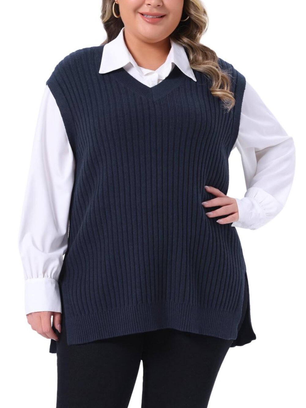 Agnes Orinda Women's Plus Size V-Neck Knit Navy Blue Sweater Vest Size 4X